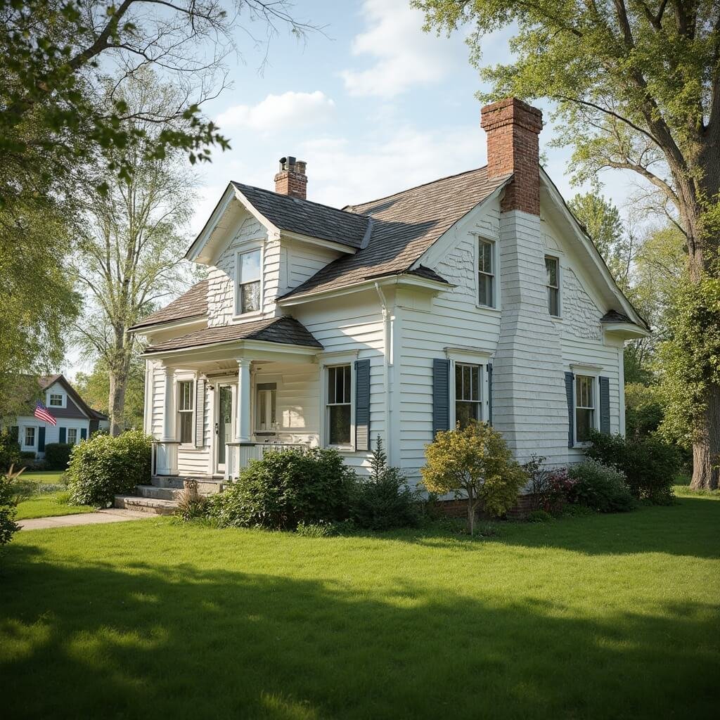 Winterset, Iowa: Where Hollywood Dreams Meet Small-Town Charm John Wayne's restored childhood home, a small white clapboard house from the 1900s, situated in a classic Midwestern setting with a manicured lawn, garden, and an American flag in the background lit by soft morning sunlight