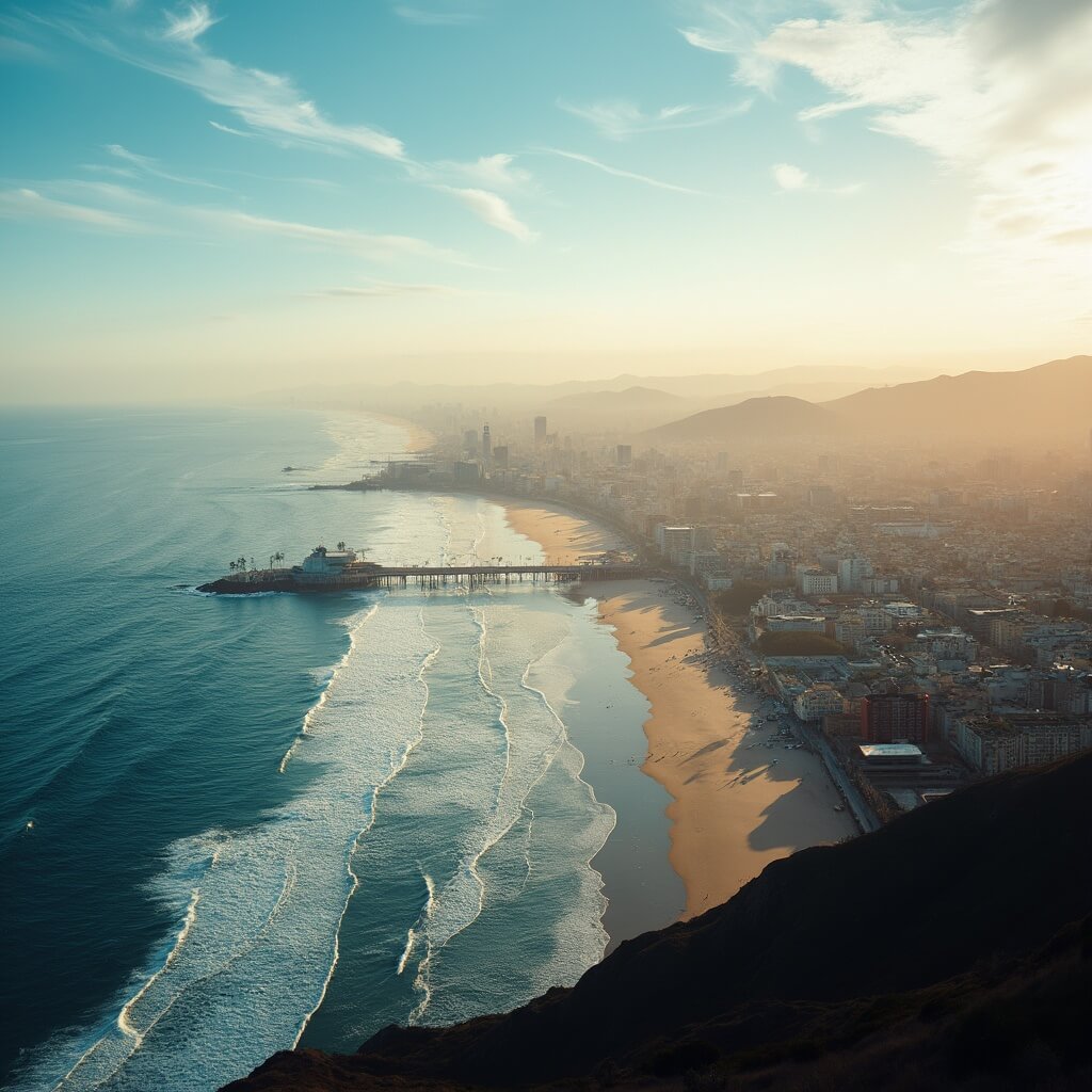 Los Angeles in June: Your Ultimate Sunshine-Packed Adventure Guide Aerial panorama of Los Angeles coast at sunset featuring Santa Monica Pier, Venice Beach, Hollywood Hills under clear blue sky