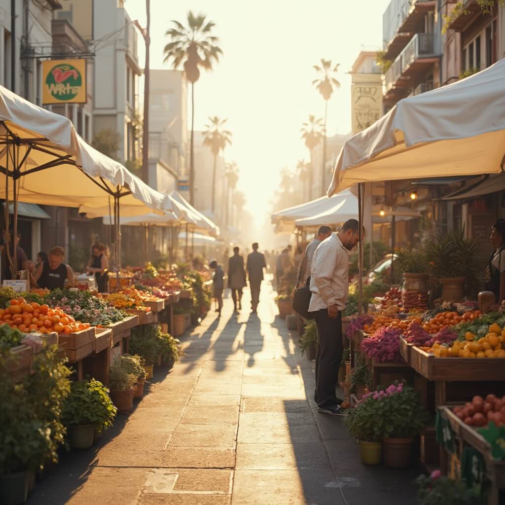 Los Angeles in June: Your Ultimate Sunshine-Packed Adventure Guide Early morning scene at an LA farmers market with vendors arranging colorful produce under white canopies, surrounded by potted herbs and flowers, amid soft morning mist.