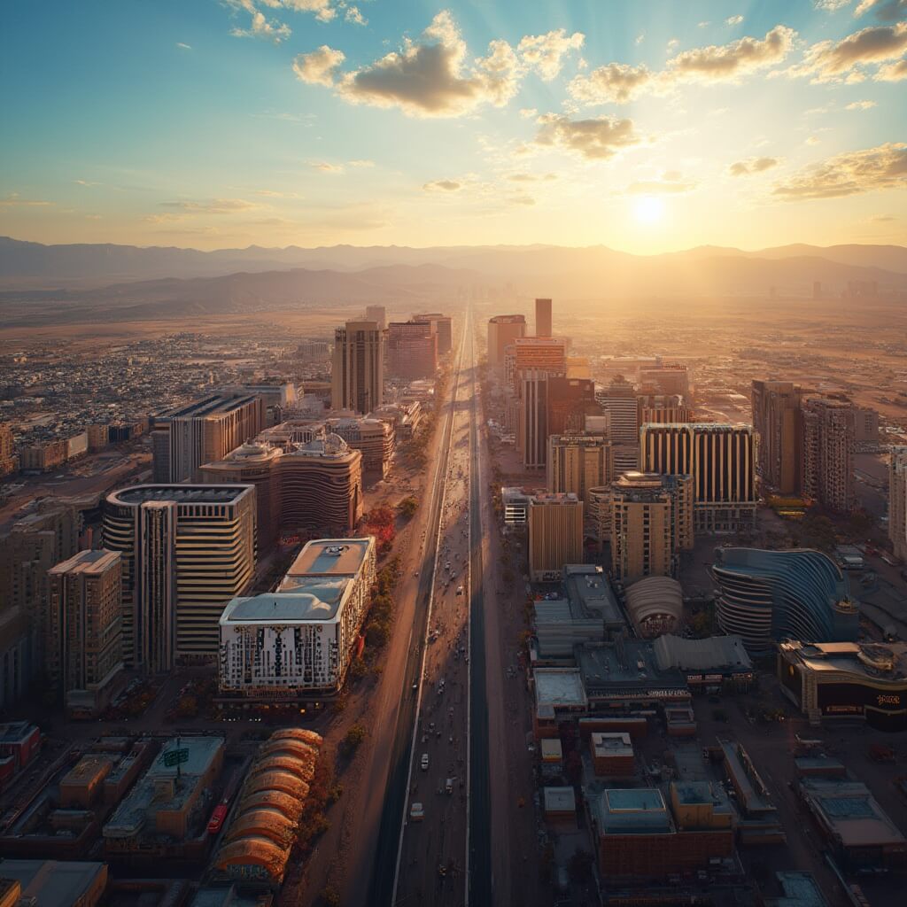 Aerial view of Las Vegas Strip at golden hour with long shadows, blue sky, wispy clouds, distant mountains, neon-lit casinos, and towering hotels against the desert backdrop in 8k resolution, shot with a wide-angle lens