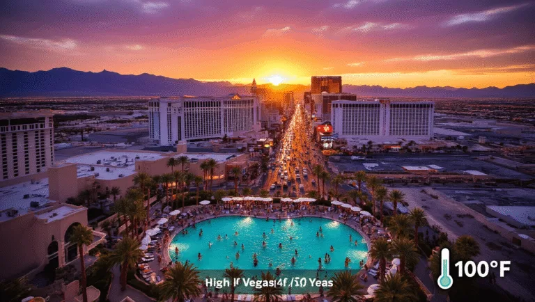 "Aerial view of Las Vegas Strip at sunset, showcasing neon-lit hotels and casinos, a vibrant resort pool party, palm trees, and heat waves over the desert, with a neon thermometer overlay showing 100°F/38°C."