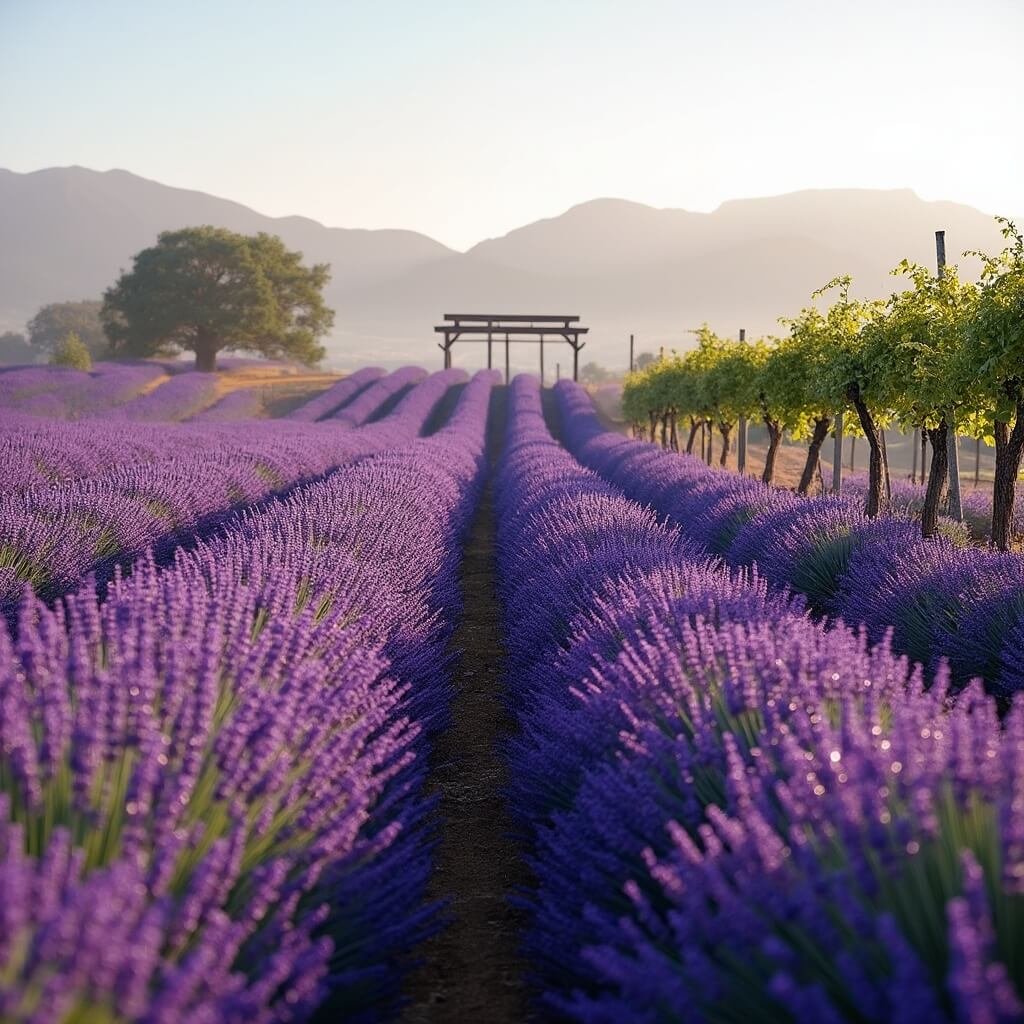 Uncover Hood River: Your Ultimate Adventure Playground in Oregon's Hidden Gem Spring bloom of vibrant purple lavender fields at Grateful Vineyard under early morning light with dewdrops, scattered oak trees and a wooden grape arbor in the background.