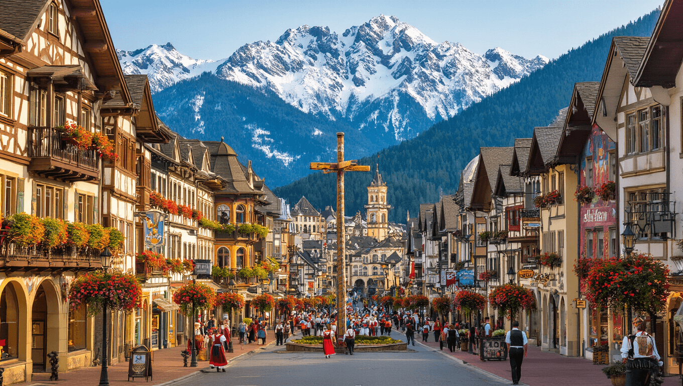"Bavarian-style architecture in Leavenworth, Washington, with snow-capped Cascade Mountains, colorful murals, gabled roofs, a prominent Maypole, locals in traditional attire, and flower-lined streets bathed in golden afternoon light."