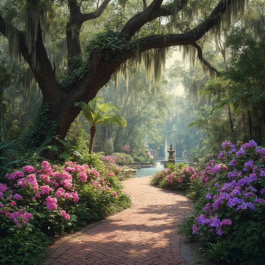 Spring bloom at Harry P. Leu Gardens featuring a winding brick path, pink and purple azaleas, ancient oak trees with Spanish moss, and ornamental fountains in the background with morning light filtering through