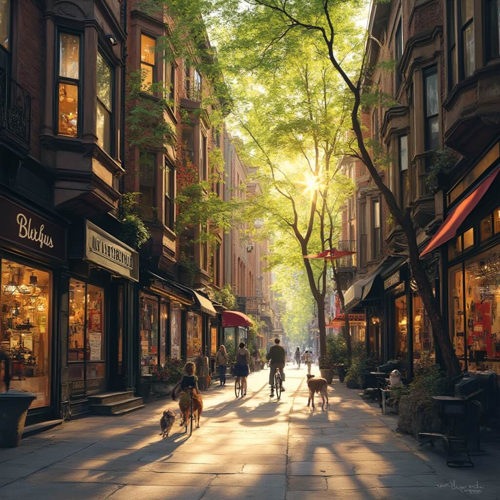 Unlocking Chicago's June Magic: Your Ultimate Festival & Fun Guide Photorealistic image of Lincoln Park neighborhood at golden hour featuring brownstone buildings, tree-lined streets, people walking dogs, artists painting murals, vintage storefronts, and cyclists passing boutique shops