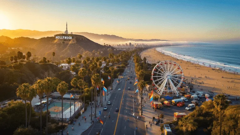 Los Angeles in June: Your Ultimate Sunshine-Packed Adventure Guide "Aerial view of Los Angeles at sunset featuring landmarks like the Hollywood Sign, Santa Monica Pier, and Pride flags, with the Pacific Ocean in the background and the city bustling with outdoor activities and preparations at the Hollywood Bowl."