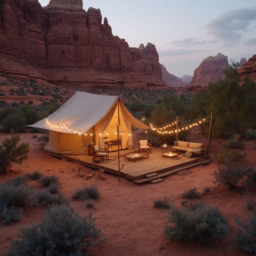 Moab, Utah Adventures: Where Red Rocks Meet Wild Experiences Luxury desert glamping site with a high-end canvas tent on a private wooden deck, surrounded by red rock formations, juniper trees and desert flora, enhanced by soft dusk lighting and atmospheric desert haze