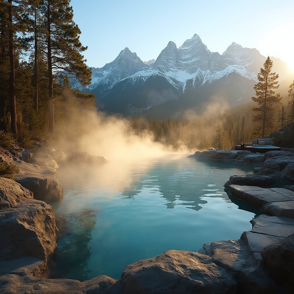 Why Jackson, Wyoming is Your Ultimate Adventure Paradise (Without the Tourist Trap Hassle) Heated outdoor infinity pool at a luxurious mountain resort, surrounded by pine trees and snow-capped Teton mountains, decked with wooden areas and nestled in natural rock formations, under the golden evening light.