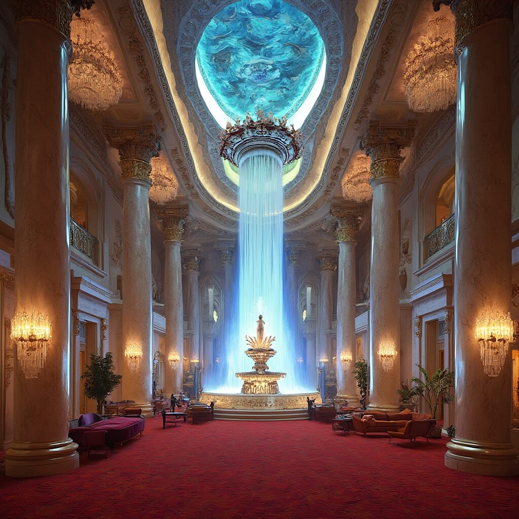 Luxury Vegas hotel lobby with marble columns, crystal chandeliers, ornate fountain, red carpeting, ceiling murals, blue ambient lighting, modern furniture, and soft indirect lighting