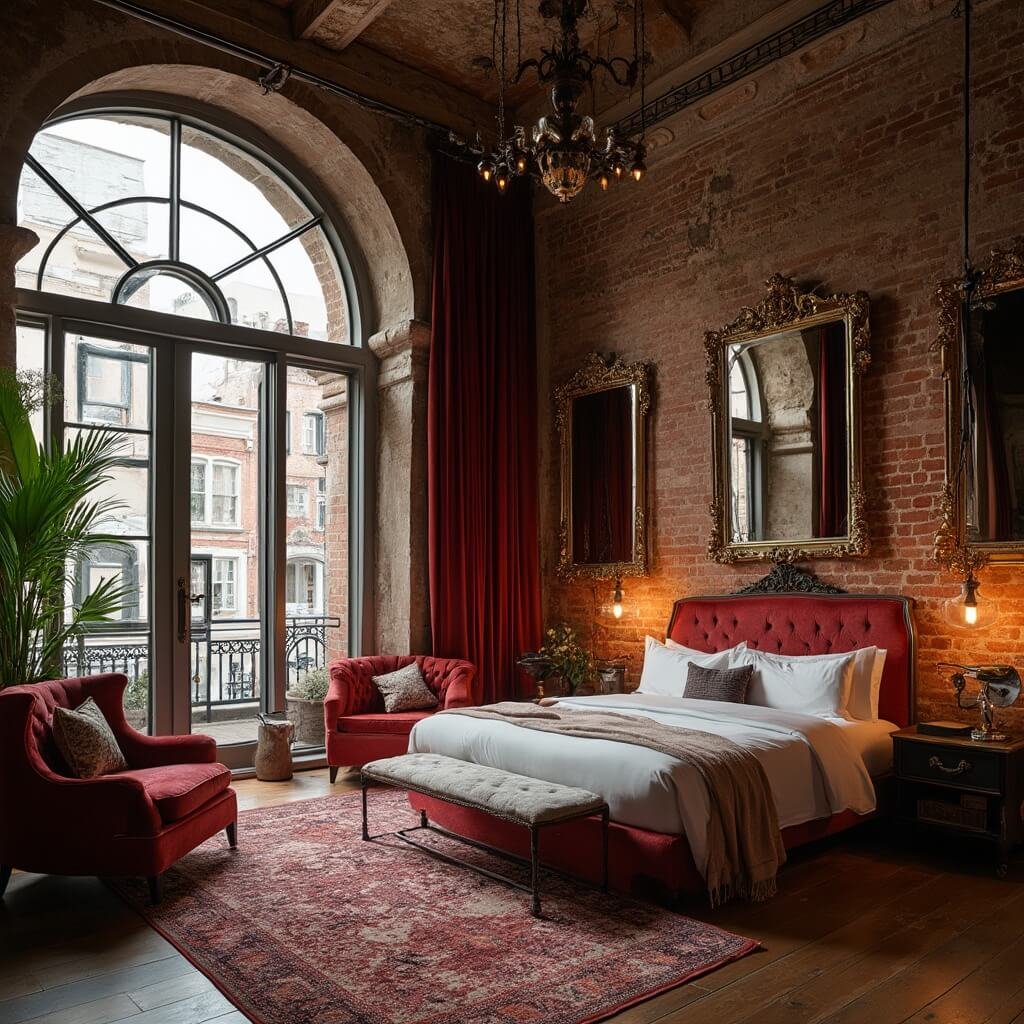 Escape NYC's Chaos: Your Ultimate Hudson, New York Adventure Awaits Luxurious boutique hotel room with high ceilings, exposed brick walls, vintage decor, jewel-toned velvet furniture, antique mirrors, artisanal lighting, premium king-sized bed, and an artistic blend of contemporary art and classical sculptures.