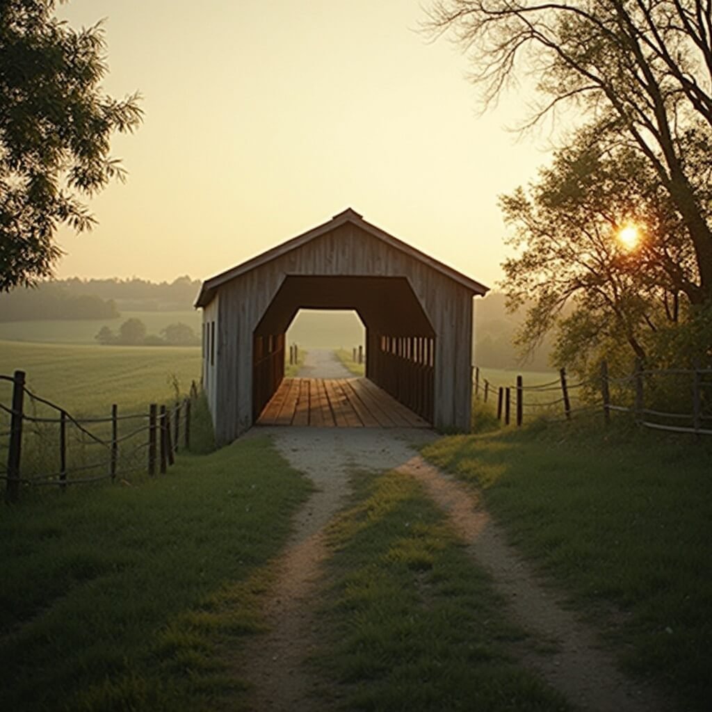 Winterset, Iowa: Where Hollywood Dreams Meet Small-Town Charm Covered wooden bridge in Madison County, Iowa at sunset, surrounded by lush greenery and misty rolling hills, captured in vintage color palette