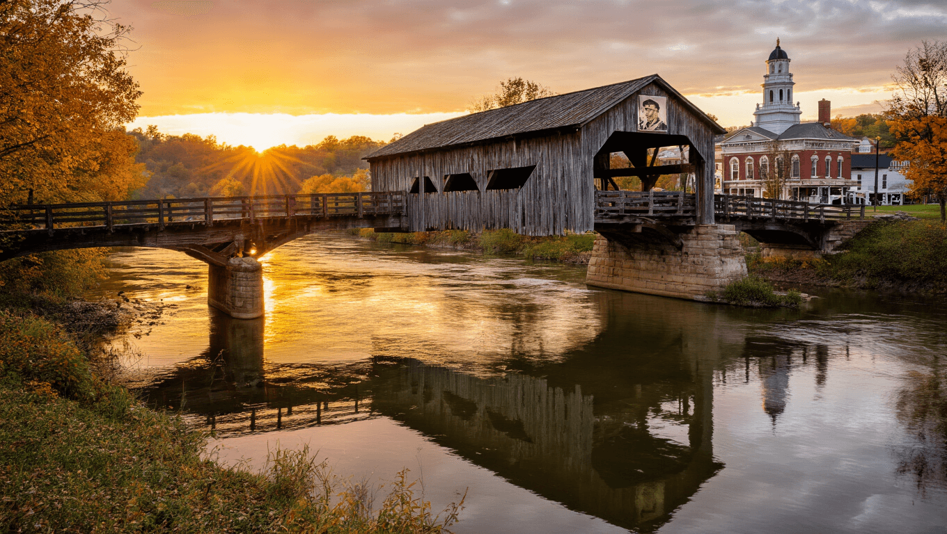 "Panoramic sunset view of weathered wooden bridge in Madison County, Iowa with golden light, autumn foliage, Winterset town square in the distance, and a reflection of a vintage John Wayne movie poster in the river below"