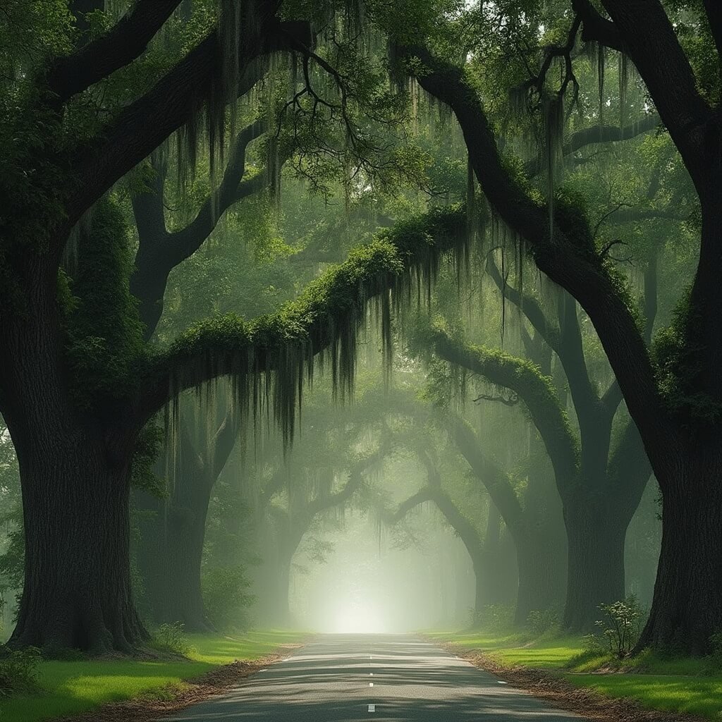 7 Underrated Southern Towns That'll Make You Ditch Your Usual Vacation Spots Tree-lined rural road in Magnolia Springs, Alabama with massive, moss-covered oak trees forming a natural tunnel, under soft morning light with no people or vehicles visible