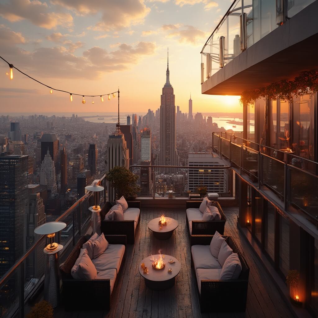 Luxurious rooftop bar terrace at sunset with modern furniture, overlooking Manhattan skyline and Empire State Building, highlighted by overhead string lights and scattered heat lamps
