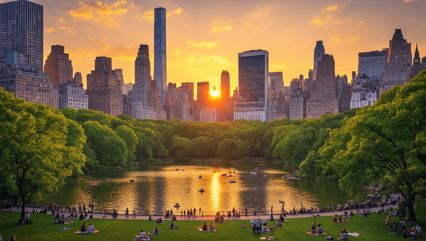 "Vibrant cityscape of Manhattan at sunset during June, featuring Central Park, boaters on the lake, street performers, picnickers, and skyscrapers reflecting the golden light with pride flags flying."