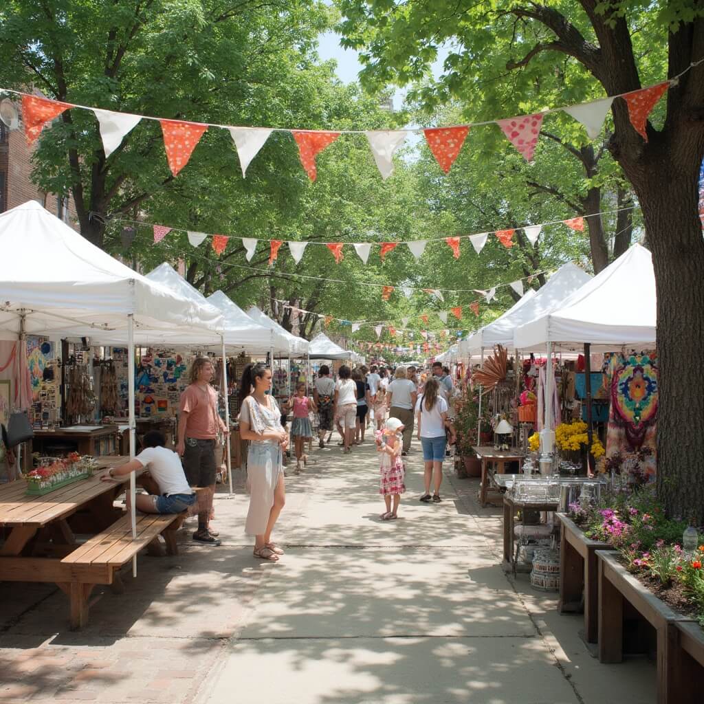 Outdoor artisan market scene in Milwaukee's Bay View neighborhood with white vendor tents, local craftspeople, colorful art displays, people browsing, craft beer gardens, wooden picnic tables, summer flowers and mature shade trees.