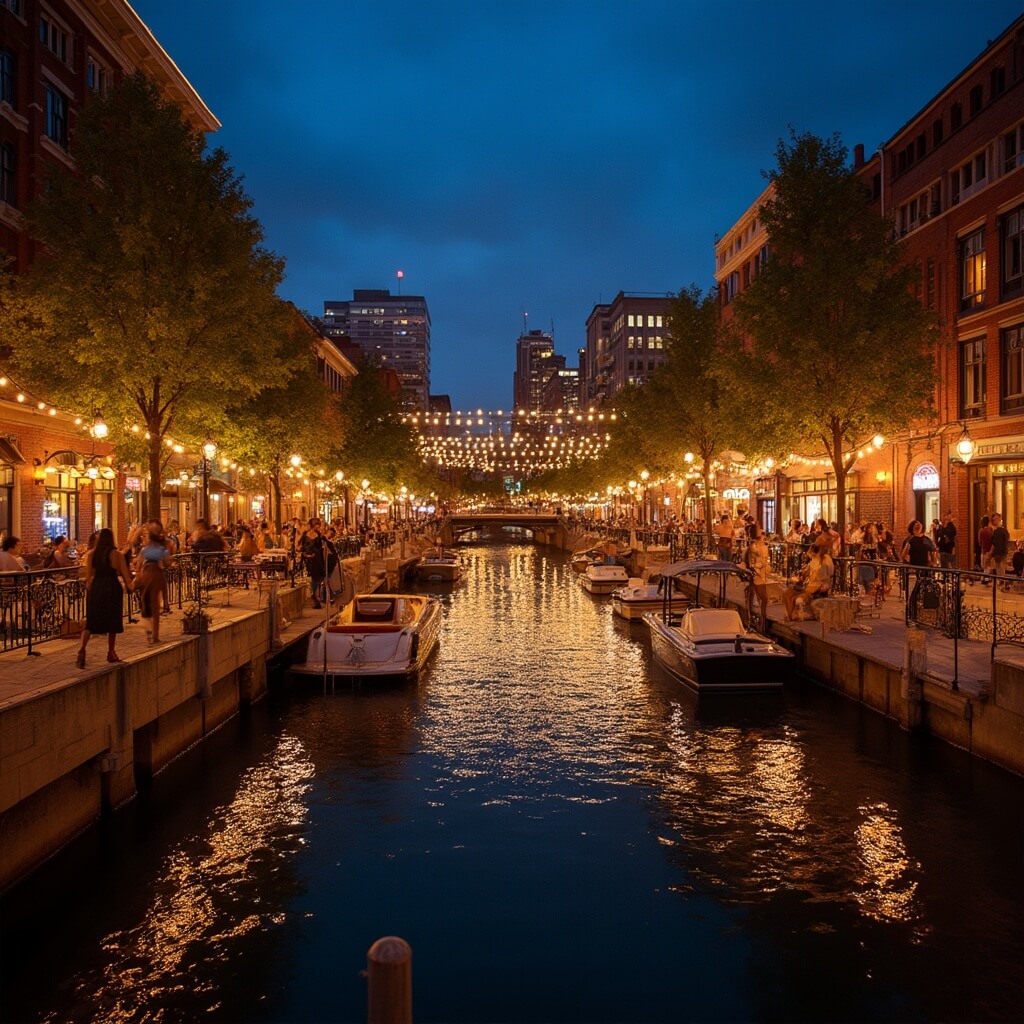 Vibrant night view of Milwaukee's Riverwalk with string lights, historic brick buildings, cobblestone paths, moored boats, and glowing riverside restaurants and bars