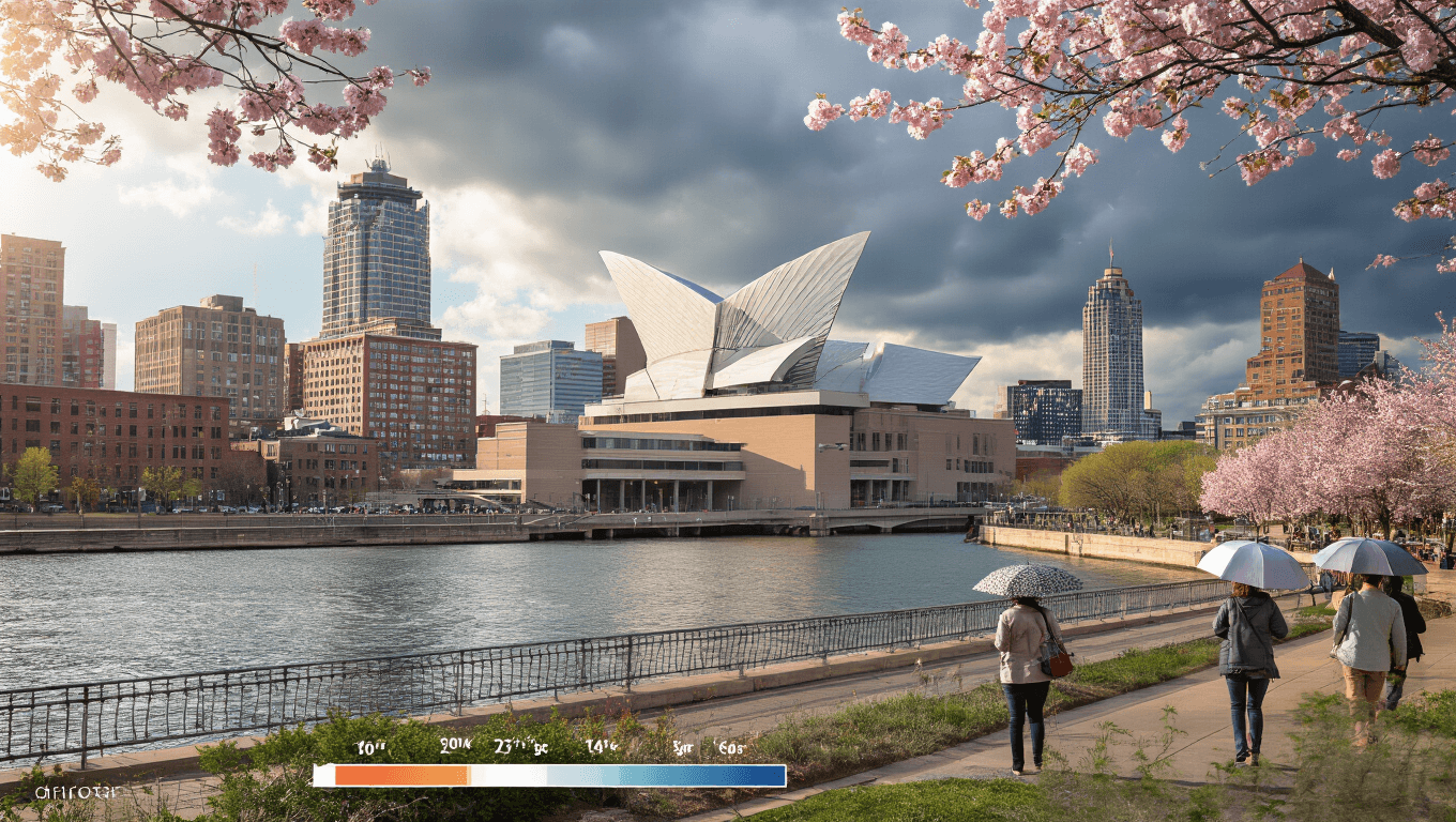 "Spring cityscape of Milwaukee featuring Milwaukee Art Museum and blooming cherry blossoms, people strolling along the RiverWalk with umbrellas, and architectural mix reflected in Milwaukee River."