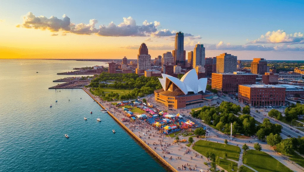 "Panoramic aerial view of Milwaukee skyline at golden hour during summer, featuring Milwaukee Art Museum, Lake Michigan, festival grounds, and people enjoying outdoor activities"