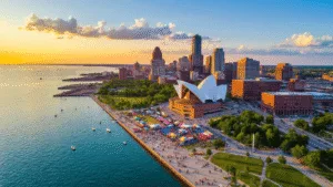 Milwaukee in June: Your Ultimate Guide to Summer's Hidden Gem "Panoramic aerial view of Milwaukee skyline at golden hour during summer, featuring Milwaukee Art Museum, Lake Michigan, festival grounds, and people enjoying outdoor activities"