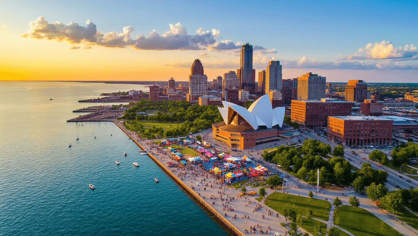 "Panoramic aerial view of Milwaukee skyline at golden hour during summer, featuring Milwaukee Art Museum, Lake Michigan, festival grounds, and people enjoying outdoor activities"