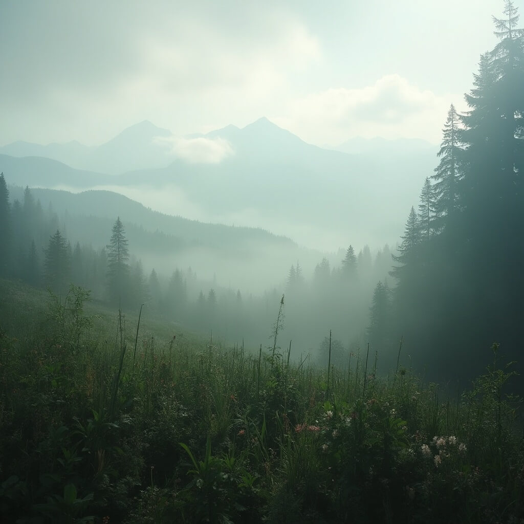 Misty morning in Seattle with Cascade Mountains partially visible through clouds, green landscape with swaying wildflowers in the foreground, Pacific Northwest scene with low hanging clouds and soft colors