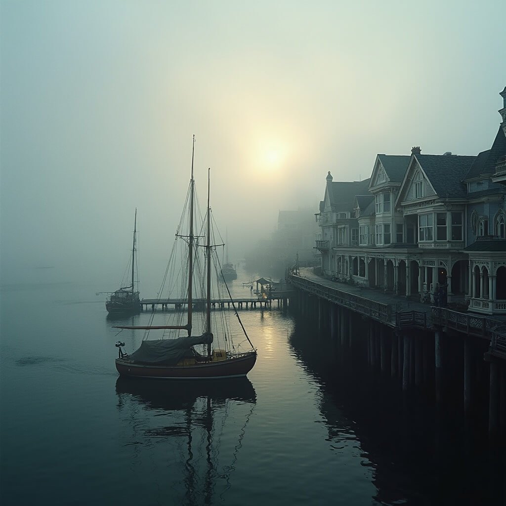 12 Storybook Small Towns in the U.S.: Where Fairytales Meet Reality Misty sunrise at a Pacific Northwest Victorian seaport with ornate 19th-century buildings, wooden boats in the harbor, historic waterfront structures reflected in calm waters, a wooden pier extending into the distance, and soft fog rolling in from the sea.