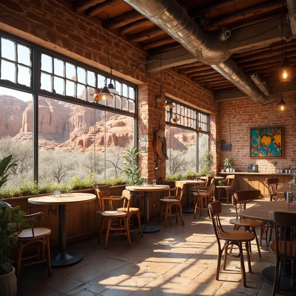 10 Charming Small Towns in the U.S. You Need to Visit: Your Ultimate Hidden Gem Travel Guide Interior of a cozy traditional cafe in Moab, Utah, with large windows and modern co-working space elements, highlighting rustic wooden tables, local artwork, laptop-friendly setups, and vintage furnishings against backdrops of red rock formations.