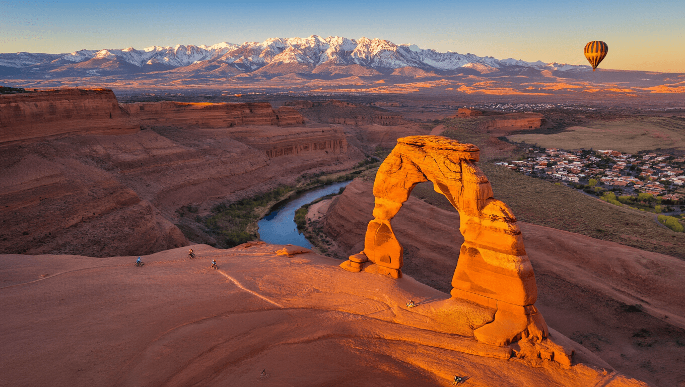 "Aerial view of Moab's red rock landscape featuring Delicate Arch, Slickrock Trail, La Sal Mountains, and Colorado River at sunset"