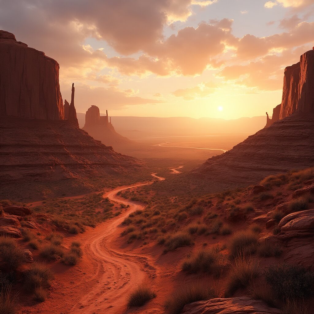 Moab, Utah Adventures: Where Red Rocks Meet Wild Experiences Panoramic sunset view of Moab's red rock landscape, with sandstone arches, mesas, desert vegetation, a winding trail, and shadowed valley
