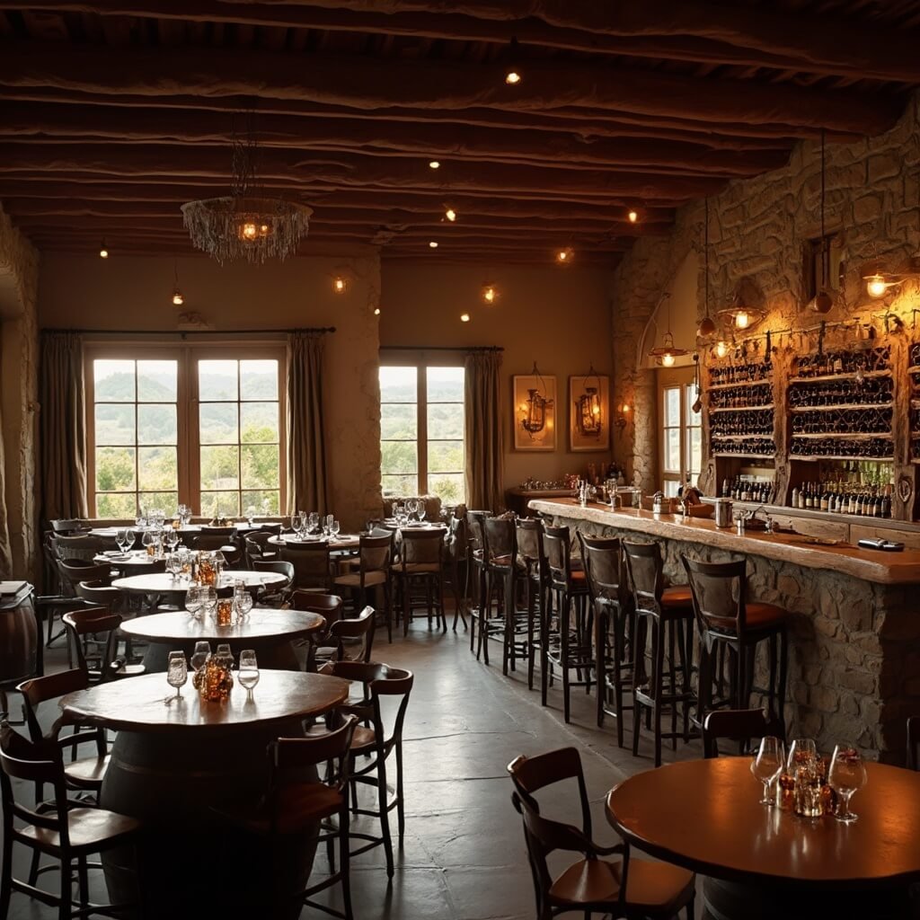 Discover Carmel-by-the-Sea: Where Fairytales Become Reality Wine tasting room with rustic wooden themes, ambient lighting, and vineyard views, featuring a tasting bar and barrel-top tables with patrons sampling local wines.
