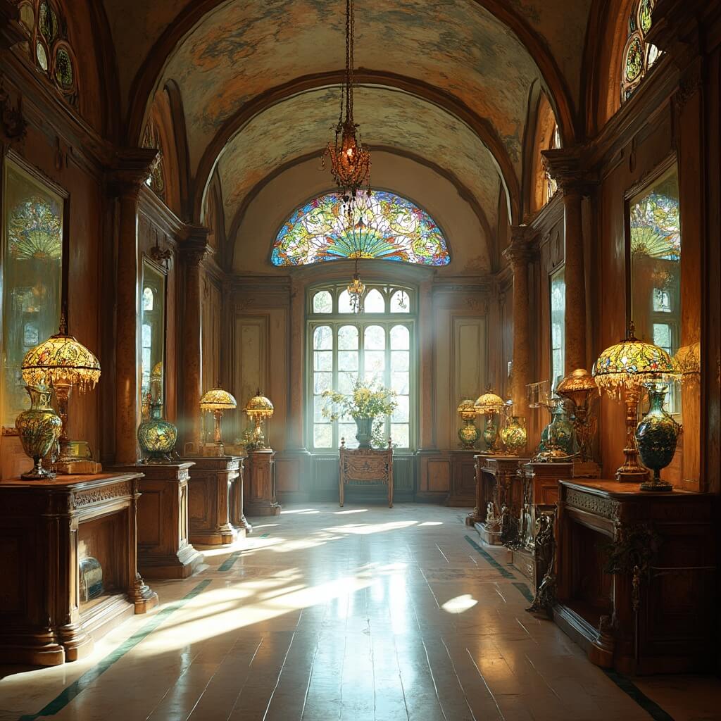 Art Nouveau gallery in the Charles Hosmer Morse Museum with Tiffany stained glass windows, intricate glass lamps, decorative arts and peacock-colored glass vases