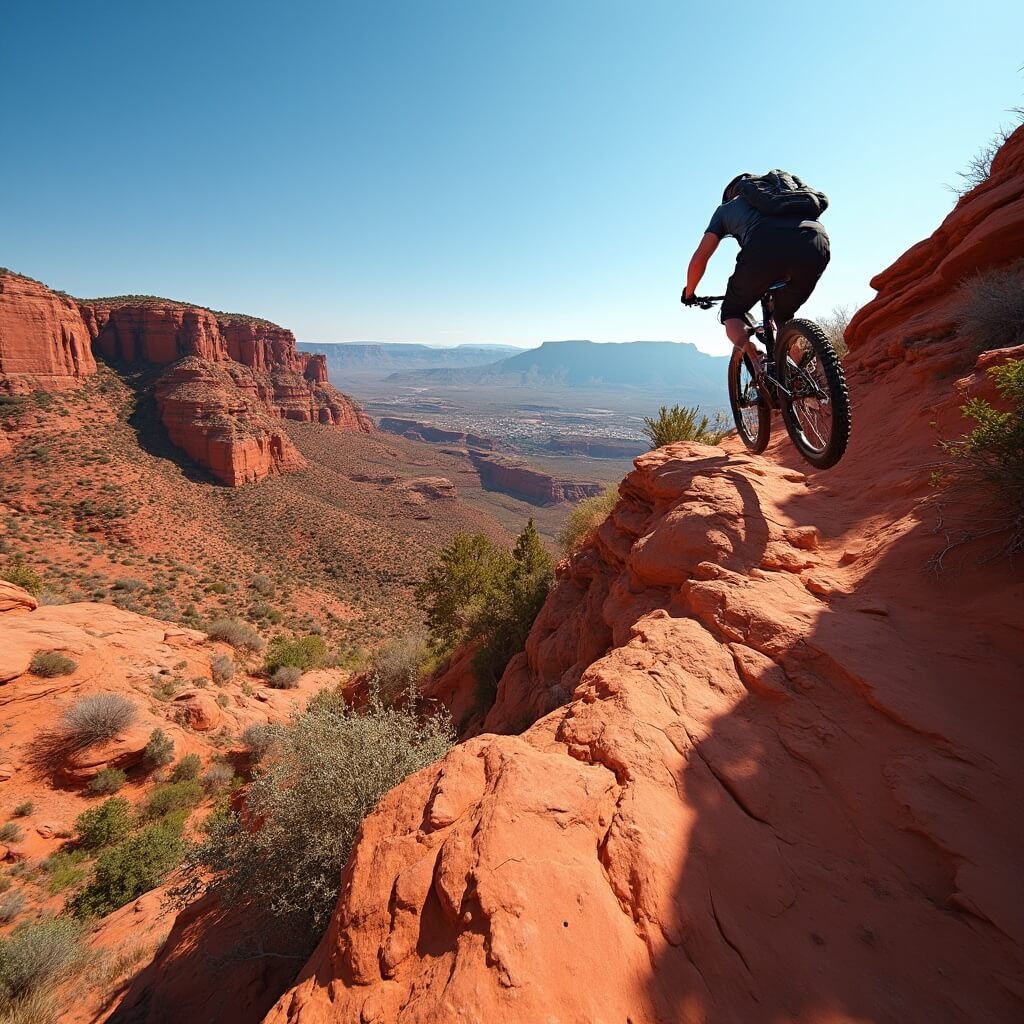 Moab, Utah Adventures: Where Red Rocks Meet Wild Experiences Mountain biker navigating steep terrains on Slickrock Trail under clear blue sky with distant canyon views