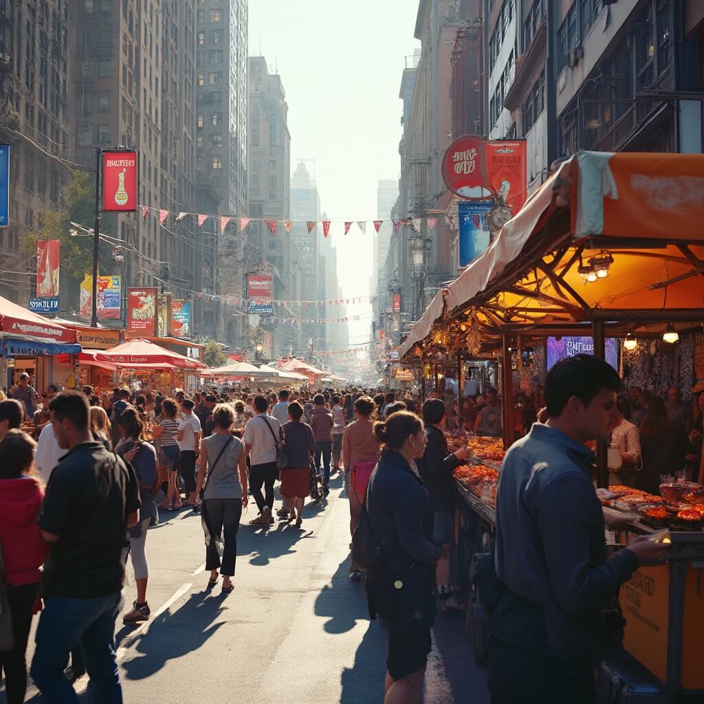 Diverse crowd at Ninth Avenue Food Festival in New York City featuring colorful international cuisine stalls, street performers, and bustling urban atmosphere under bright daylight