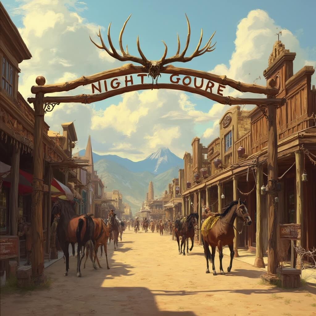Why Jackson, Wyoming is Your Ultimate Adventure Paradise (Without the Tourist Trap Hassle) Vintage Wyoming western town square with elk antler arch, rustic wooden buildings, and horses tied to posts in evening light, painted in realistic style.