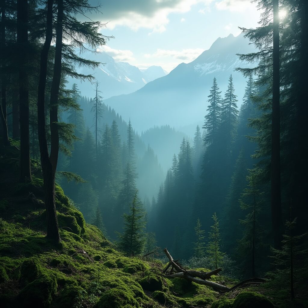 Misty morning in Olympic National Park with sunlight filtering through pine trees and distant mountain peaks partially veiled by clouds