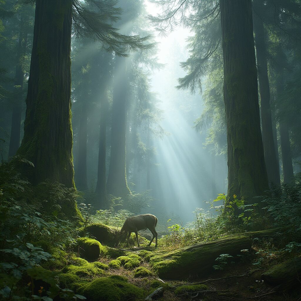 Washington in May: Your Ultimate Guide to Springtime Adventure and Unpredictable Charm Majestic Olympic National Park scene with misty, moss-covered Sitka spruce trees, grazing black-tailed deer, vibrant green moss, fallen logs, mushrooms, ferns, and wildflowers in soft morning light, in a photorealistic style.