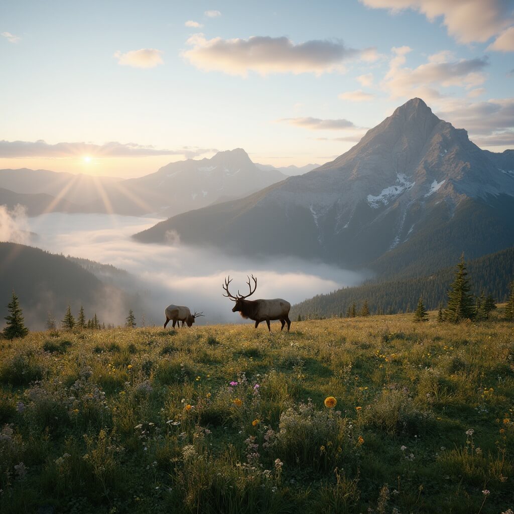 Sunrise over Hurricane Ridge with blooming alpine meadows, lingering snow on distant peaks, and grazing Roosevelt elk in Olympic National Park