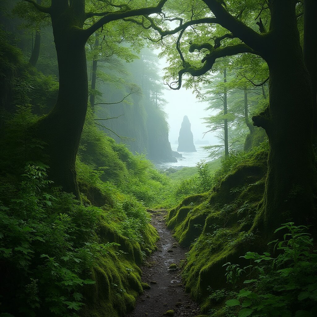 Cannon Beach, Oregon: The Hidden Coastal Gem That'll Make Haystack Rock Look Basic Hiking trail in Ecola State Park with moss-covered trees forming a verdant tunnel, soft sunlight filtering through the dense canopy, distant view of rugged coastline and sea stacks, in a rich emerald and deep green color scheme.