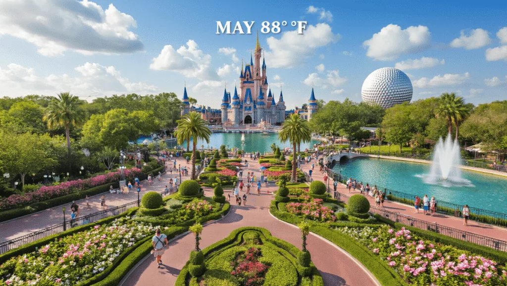 Why Orlando in May Might Just Be Your Perfect Vacation Sweet Spot "Aerial shot of Orlando in May featuring Disney World, Epcot, blooming gardens, and topiaries, with tourists enjoying sunny weather of 88°F amidst magnolia trees in full bloom."
