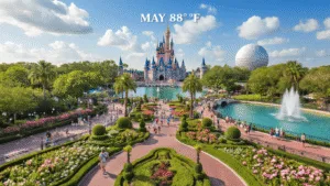 Why Orlando in May Might Just Be Your Perfect Vacation Sweet Spot "Aerial shot of Orlando in May featuring Disney World, Epcot, blooming gardens, and topiaries, with tourists enjoying sunny weather of 88°F amidst magnolia trees in full bloom."