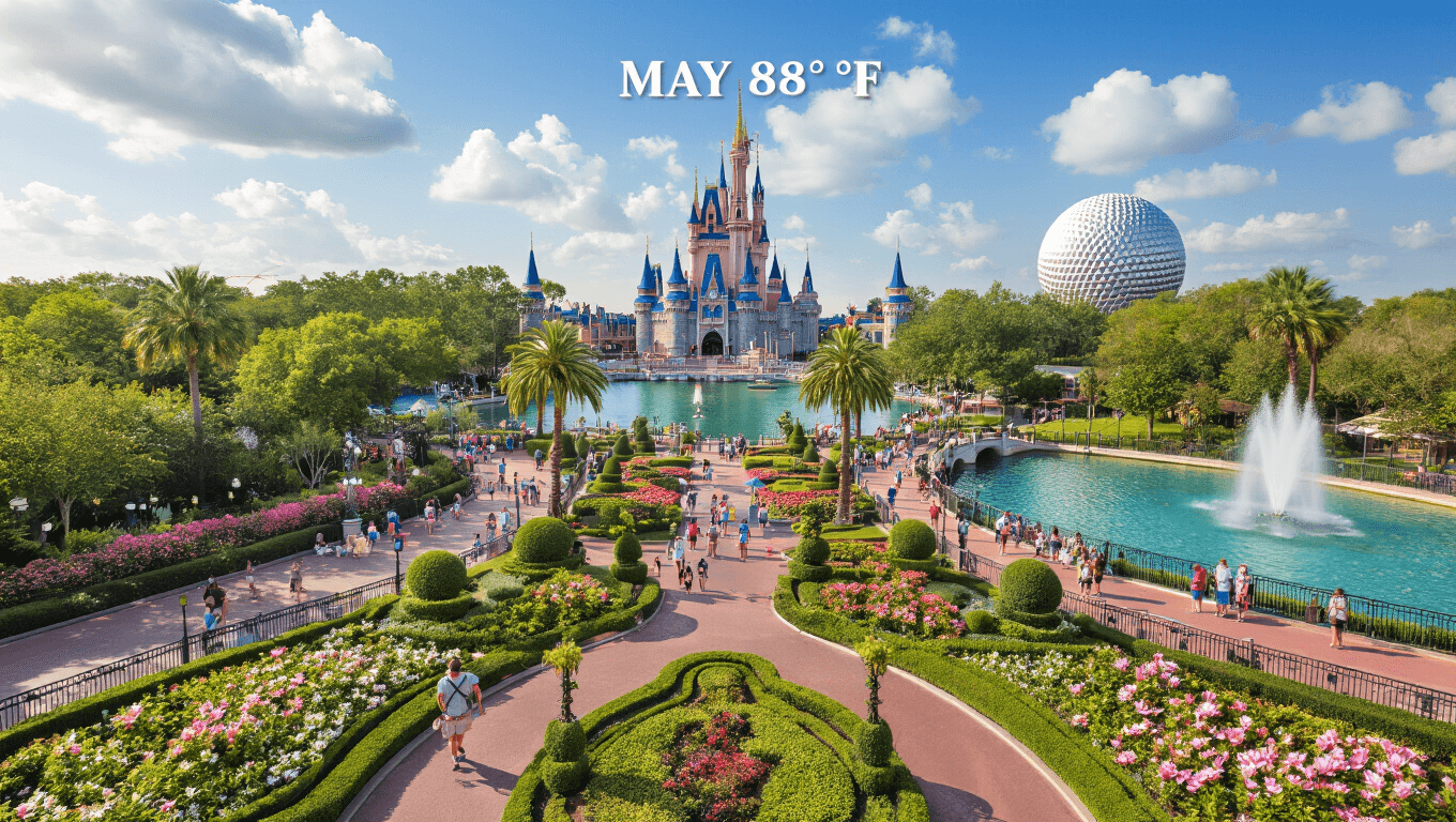"Aerial shot of Orlando in May featuring Disney World, Epcot, blooming gardens, and topiaries, with tourists enjoying sunny weather of 88°F amidst magnolia trees in full bloom."