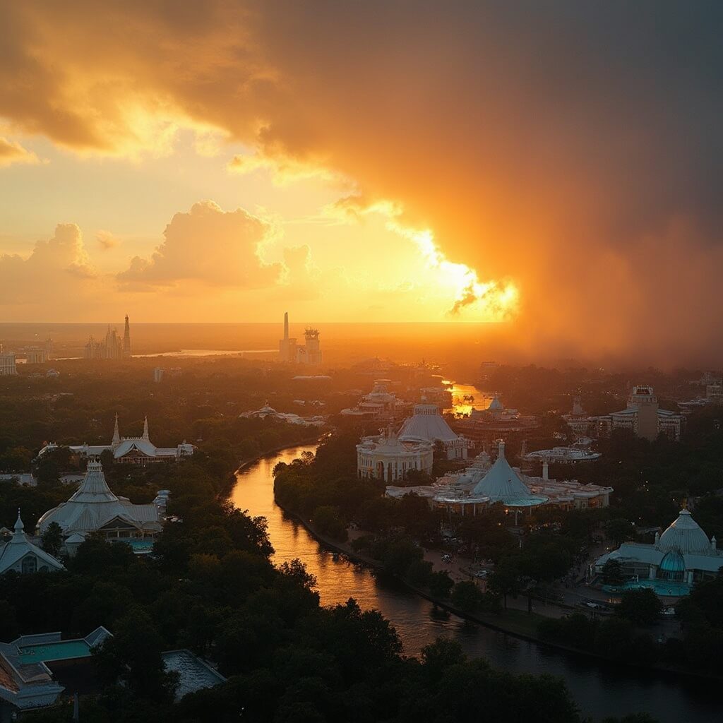 Aerial view of Orlando cityscape at sunset with theme parks and landscape under orange and golden light, scattered clouds, and architectural details of park structures.