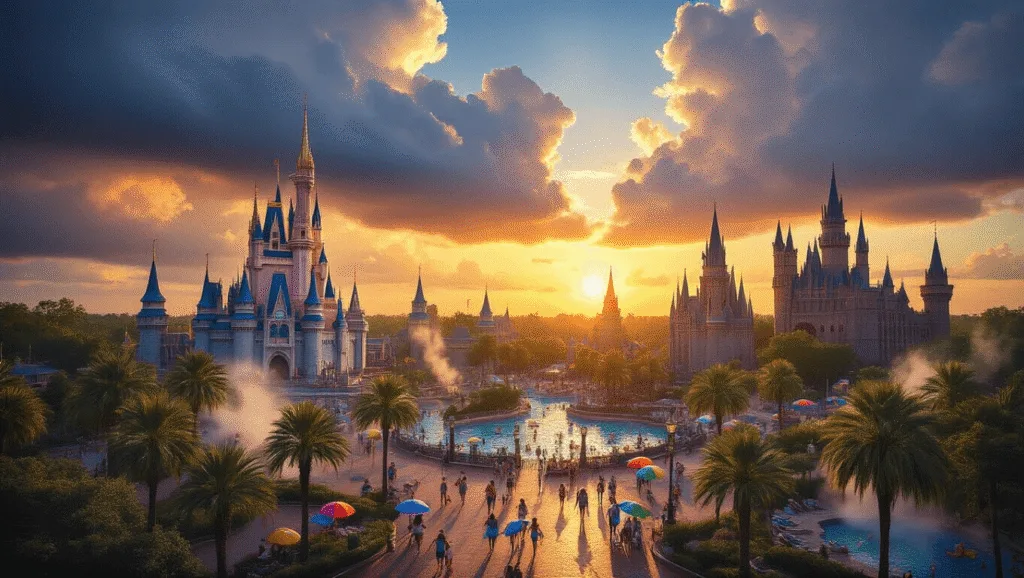 "Aerial view of Orlando's theme parks at sunset with Cinderella and Hogwarts Castles visible, storm clouds, sunlight, guests with colorful umbrellas, swaying palm trees, rising steam, and glistening water parks, with a warm color palette."