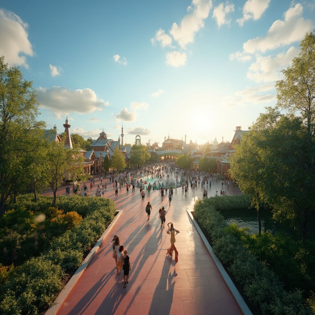 Orlando theme park landscape in golden afternoon light with minimal crowds, green scenery, blue sky with wispy clouds and subtle theme park attractions in the background