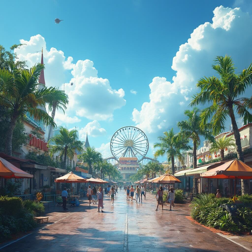 Summer day at an Orlando theme park with people strolling under umbrellas on wet pavement, tropical vegetation, and theme park rides under a bright blue sky with fluffy white clouds