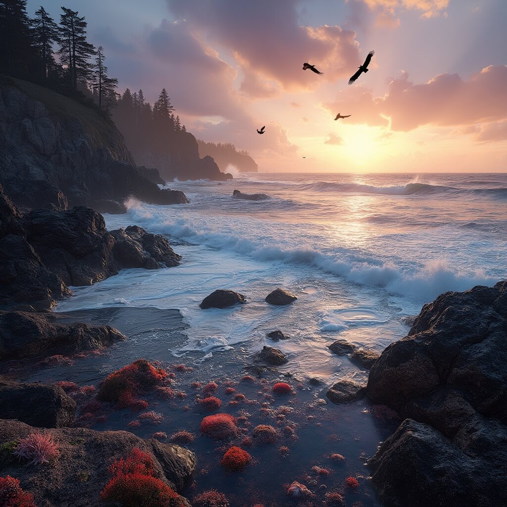 Washington in May: Your Ultimate Guide to Springtime Adventure and Unpredictable Charm Dramatic sunset on Washington's Pacific coast with rugged cliffs, crashing waves, surfacing gray whales, vivid tide pools, soaring eagles and colorful sky.