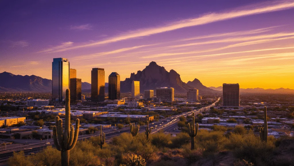 Phoenix in May: Your Ultimate Guide to the Hottest Time in the Desert City "Aerial view of downtown Phoenix at sunset with Camelback Mountain silhouette, skyscrapers reflecting golden light, heat waves above the streets, saguaro cacti in the foreground and a dramatic purple-orange sky with wispy clouds."