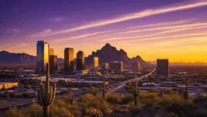 Phoenix in May: Your Ultimate Guide to the Hottest Time in the Desert City "Aerial view of downtown Phoenix at sunset with Camelback Mountain silhouette, skyscrapers reflecting golden light, heat waves above the streets, saguaro cacti in the foreground and a dramatic purple-orange sky with wispy clouds."