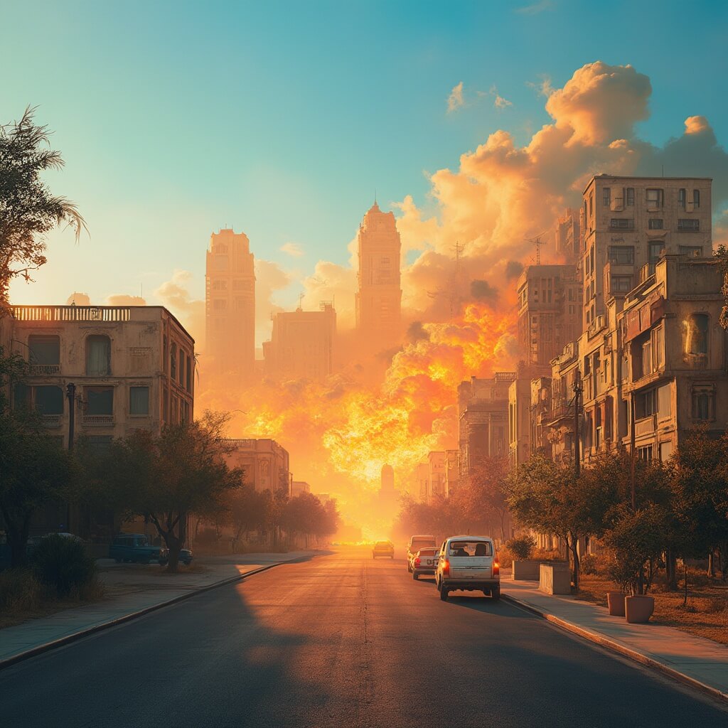 Hyper-realistic image of Phoenix downtown at midday under extreme heat waves visibly distorting the skyline; golden-orange heat radiating from buildings, under cloudless azure sky, with no people visible and sharp shadows casting by harsh desert lighting, shimmering asphalt streets.